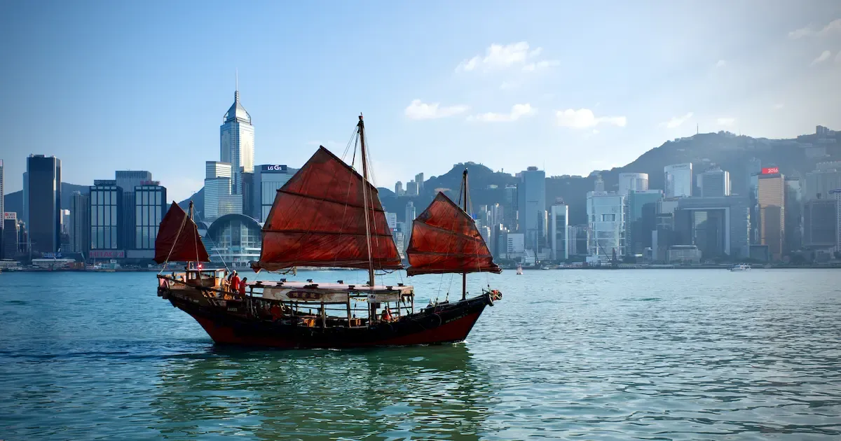 Hong Kong's iconic Victoria Harbour Cheung Po Tsai Chinese Junk Boat